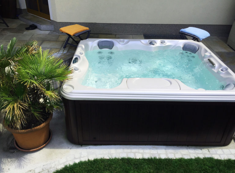 Outdoor hot tub on a patio